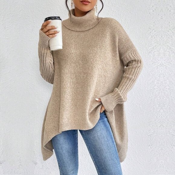 SHEIN Sweaters - 2/$30 SHEIN LUNE Turtleneck Drop Shoulder Asymmetrical Hem Sweater Khaki #8991